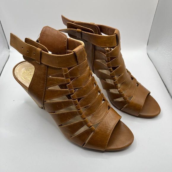 Vince Camuto Elika Brown Leather Buckle Stacked Heel Gladiator Sandal Size 8.5M - Picture 7 of 8